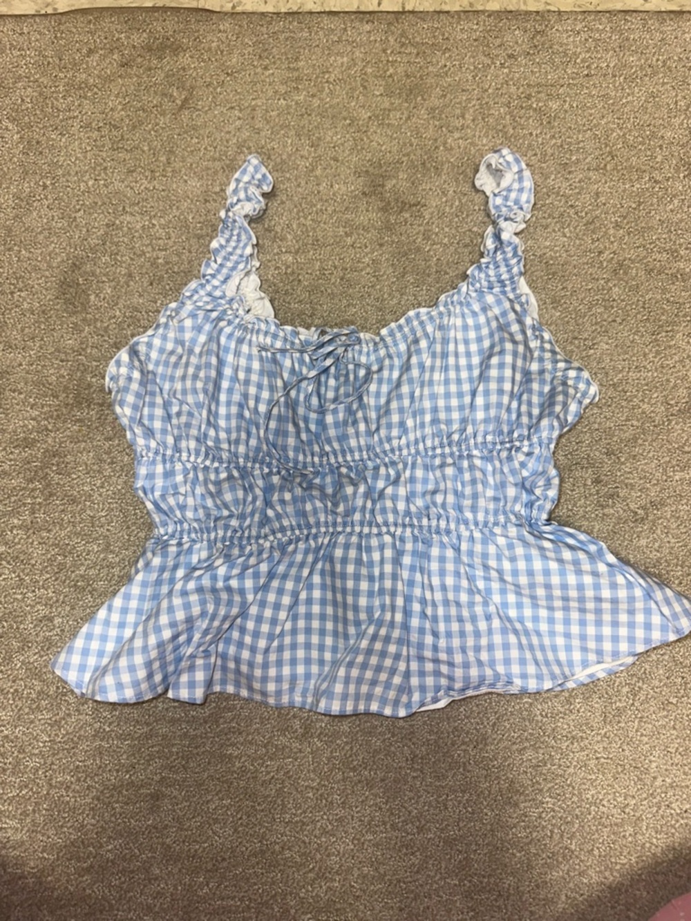 Aritzia Light Blue Gingham Ruffle Peplum Tank